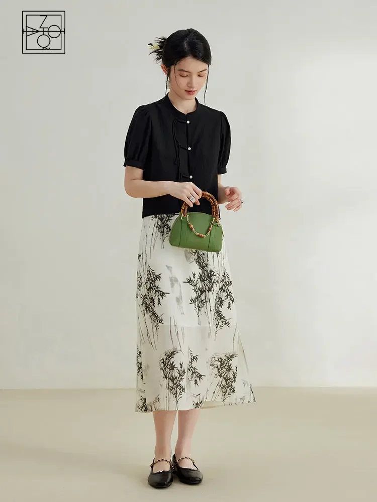 ZIQIAO New Chinese Style National Sense Two Piece Suit for Women Summer New Design Black Button Shirt + A-Line Skirt Set Female