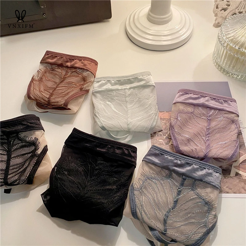 2023 new French sexy low waist light translucent gauze triangle pants women\'s quick-dry hot satin stitching lace underwear