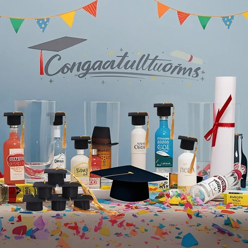 5/10 قطعة قبعة البكالوريوس مع شرابات لحفلة التخرج لتقوم بها بنفسك الديكور زجاجة نبيذ توبر التخرج قبعة صغيرة علب الهدايا الحلوى #4