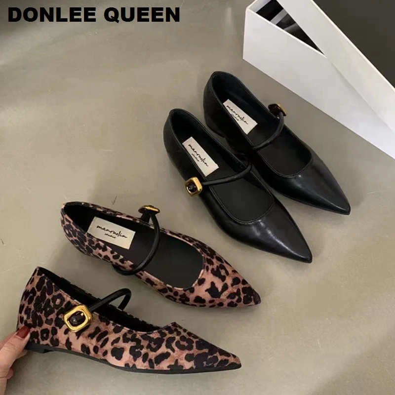 2024 Autumn Women Mary Jane Flats Shoes Fashion Brand Leopard Print Loafers Elegant Pointed Toe Moccasins Wedges Heels Ballerina