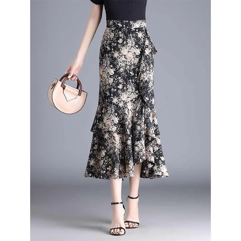 

Floral Lotus Leaf Chiffon Skirt for Women in Spring and Summer New Irregular New Fishtail Mid-length Skirt