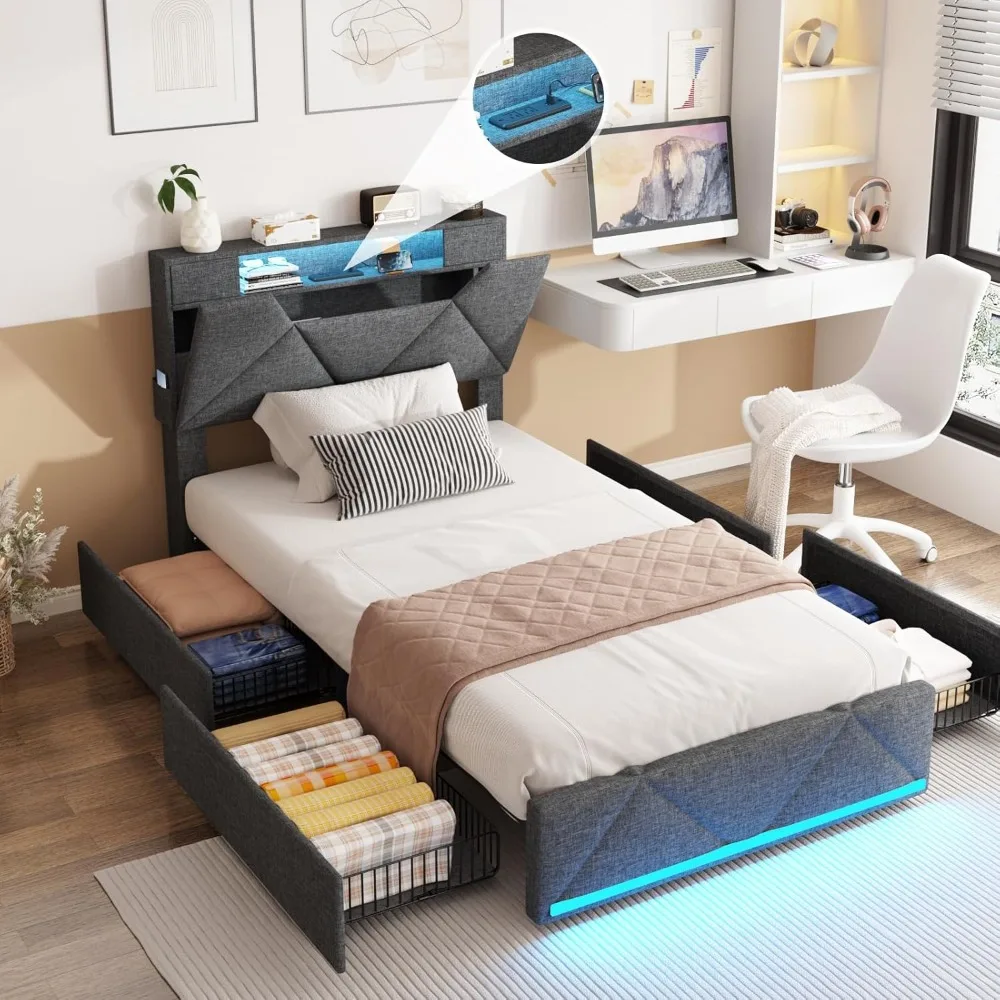 Tweepersoonsbedframe met hoofdeinde en 4 lades, gestoffeerd platform met laadstation en led-verlichting