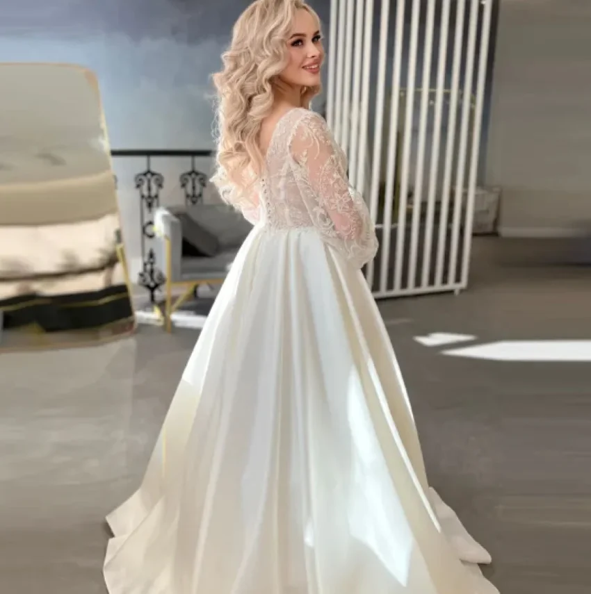 Satin A-Line Bridal Gowns Lace Appliques Elegant Robes Long Puff Sleeves Vestidos De Novia 2024 Luxury Wedding Dresses For Women