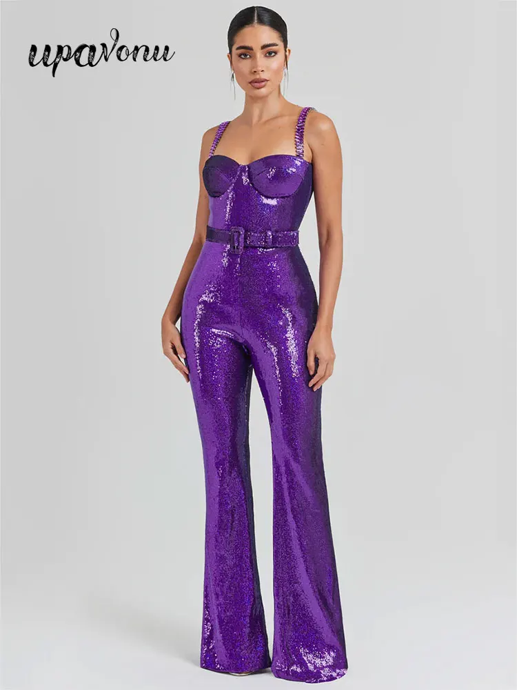 Sexy Women Purple Shining Sequin jumpsuit Spaghetti Strap Beaded Sleeveless Slim Fit Loudspeaked jumpsuit Evening Party jumpsuit