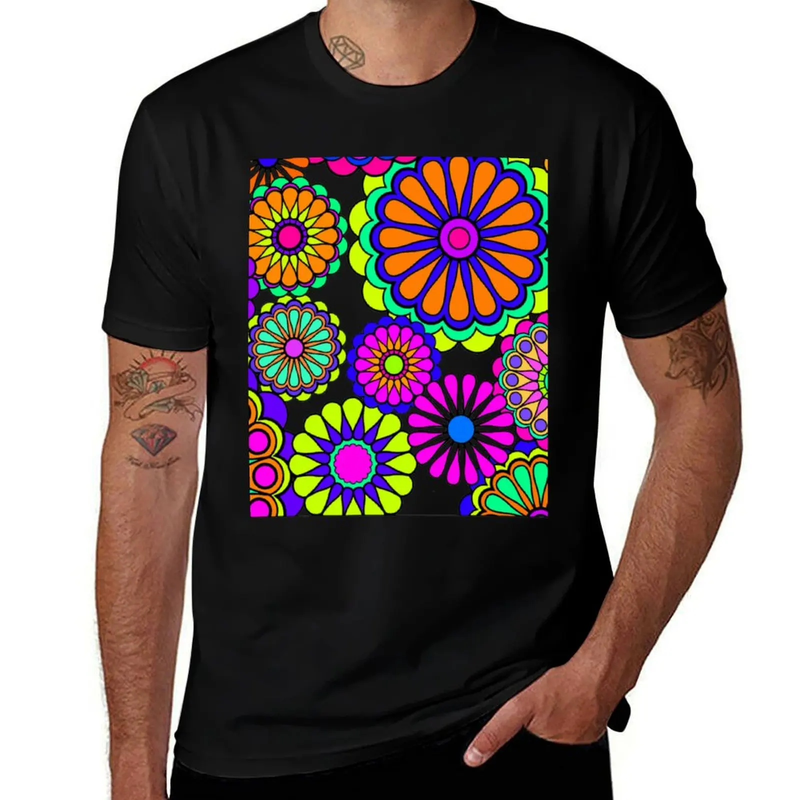 

Flower Power Retro Style Hippy Flowers T-Shirt black cotton t-shirt plain for man package cotton t shirts man 100% T-Shirt
