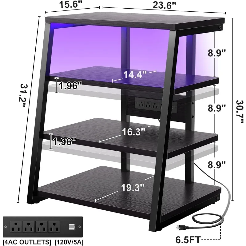 ขาตั้งสื่อ AV 4ชั้นพร้อมแถบพลังงานขาตั้งทีวีเข้ามุมพร้อมไฟ LED ชั้นวางเครื่องเสียงพร้อมชั้นวางปรับได้