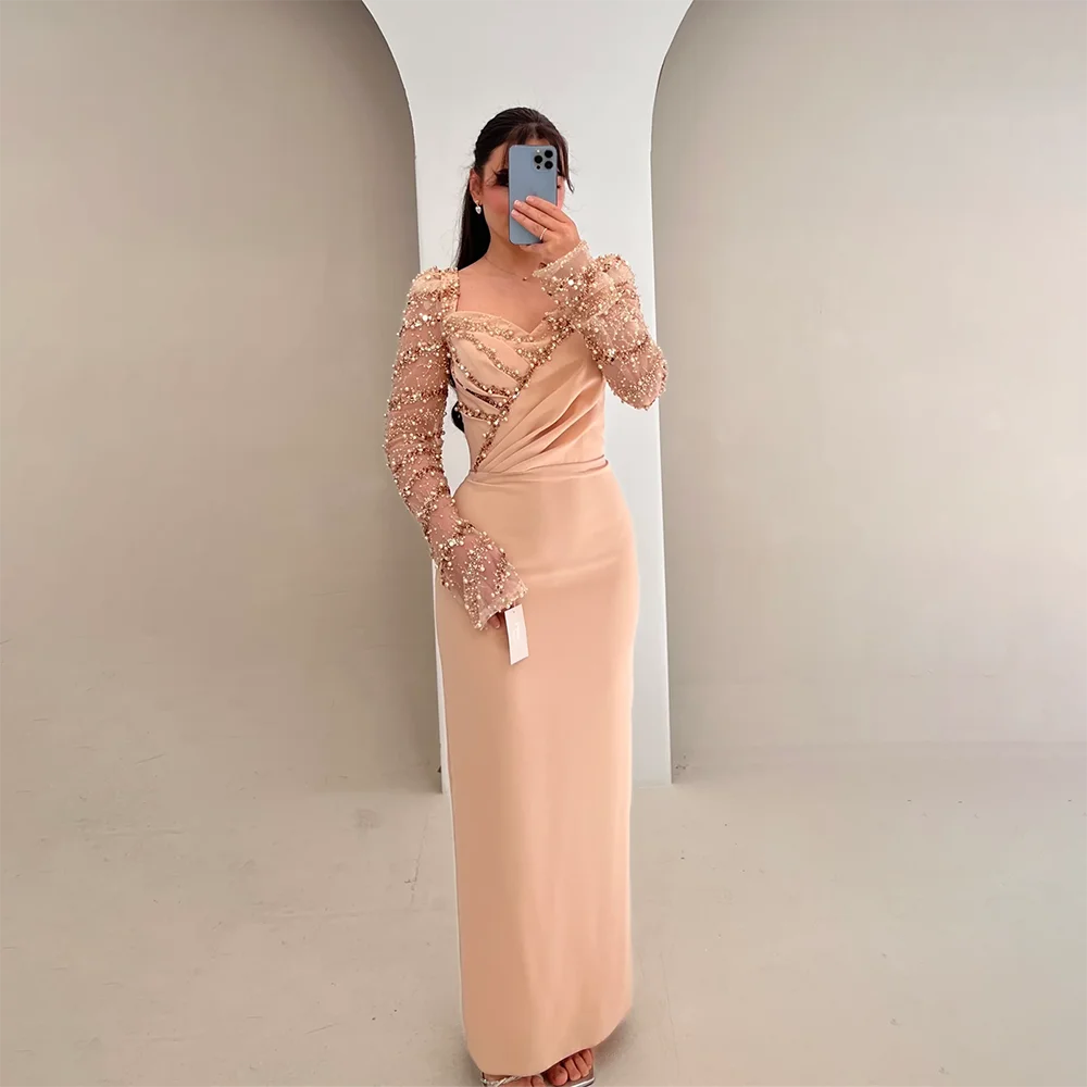 

2025 Women's Evening Dress Sweetheart Neckline Long Sleeve Prom Dresses Beaded Pleated Straight Elegant Formal Party Customized