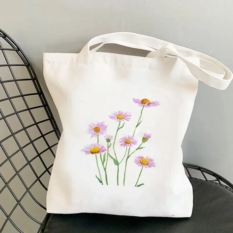 Bright-Colored Fresh Flower Shopper Tote Bag Shoulder Foldable Fashion Large Canvas Handbag  High Capacity Shopping Bag