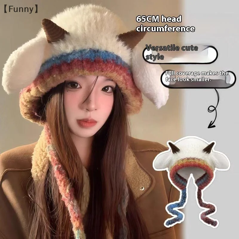 〔Funny〕Double-layer Thick Version Lamb Ears Knitted Ear Protection Loose Big Head Circumference Warm Cold Proof Plush Hat