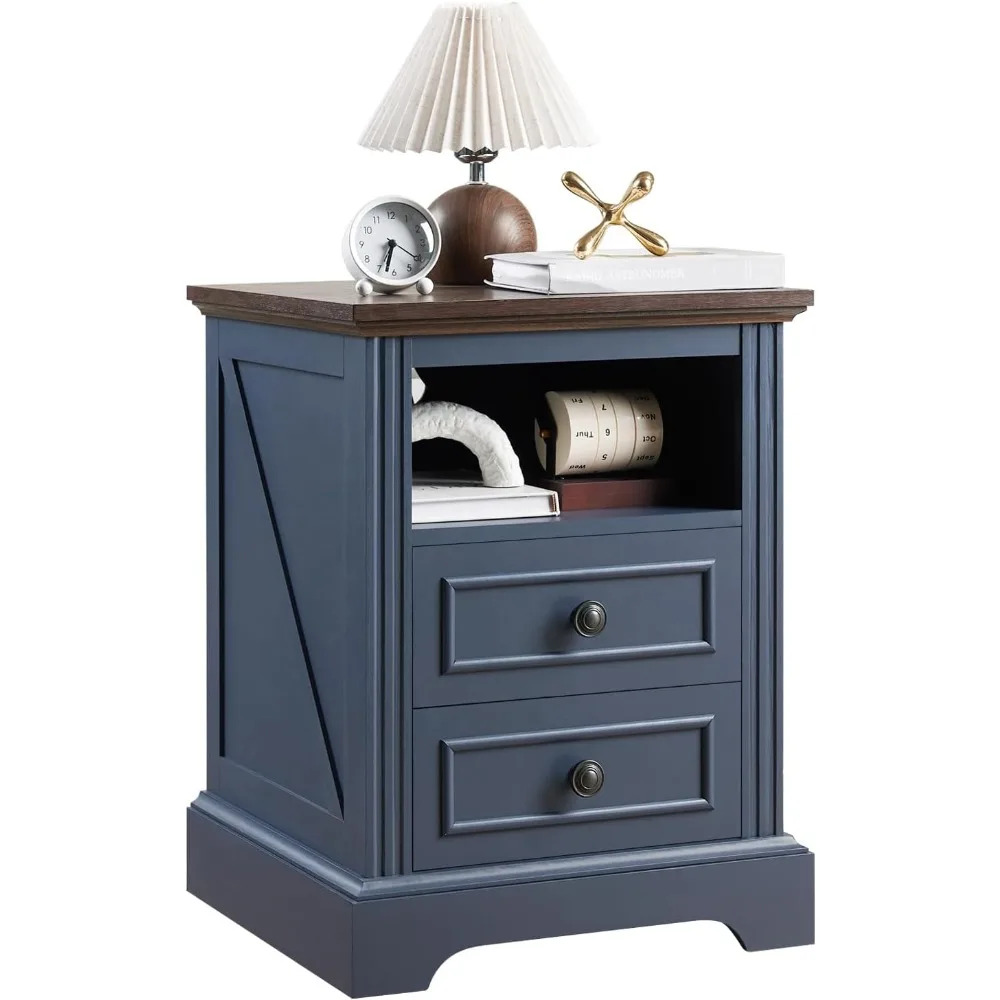 Rustic 2-Drawer Nightstand with Charging Dock and Open Shelf, Vintage-Style Bedroom Side Table
