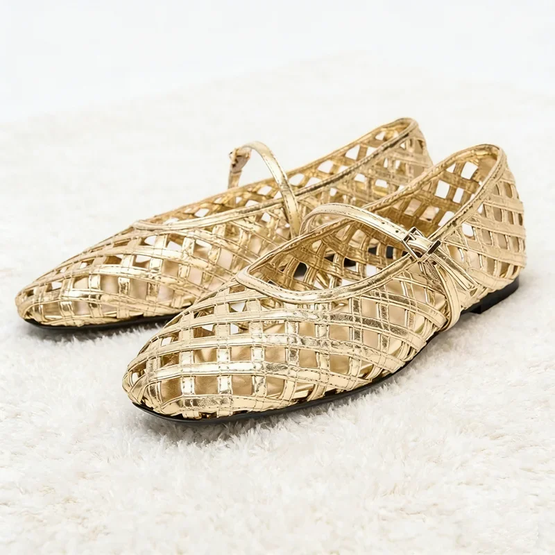 

Gold Hollow Mesh Ballet Flats Women Light Breathable Mary Jane Shoes Summer Comfortable Designer Shoes for Women Lolita Shoes