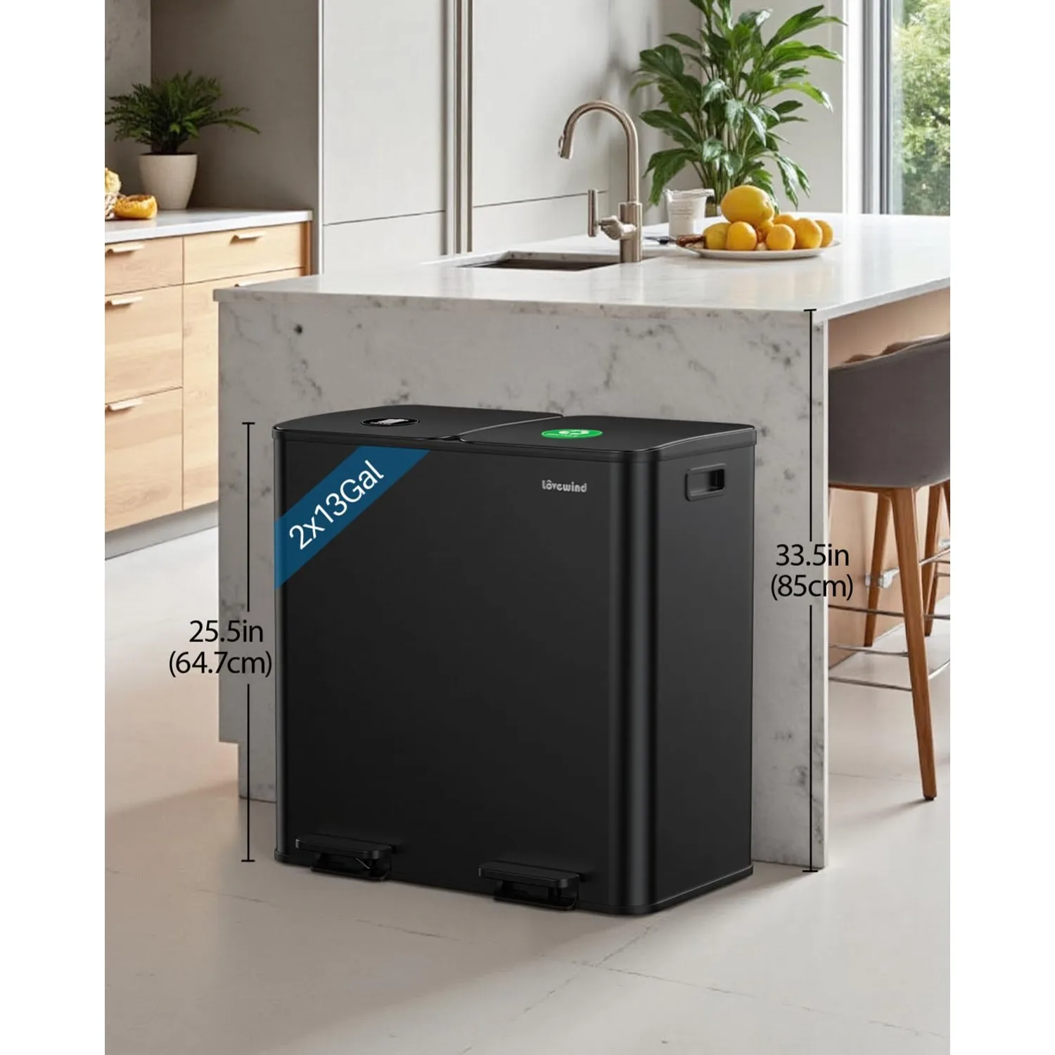 Dual Trash and Recycling Bins for Kitchen, 2×13 Gallon (2× 50L) Stainless Steel Trash and Recycle Bin Combo with Soft-Close Lid, Large Garbage Cans for Kitchen Home with 2 Magnets Sticker, Black