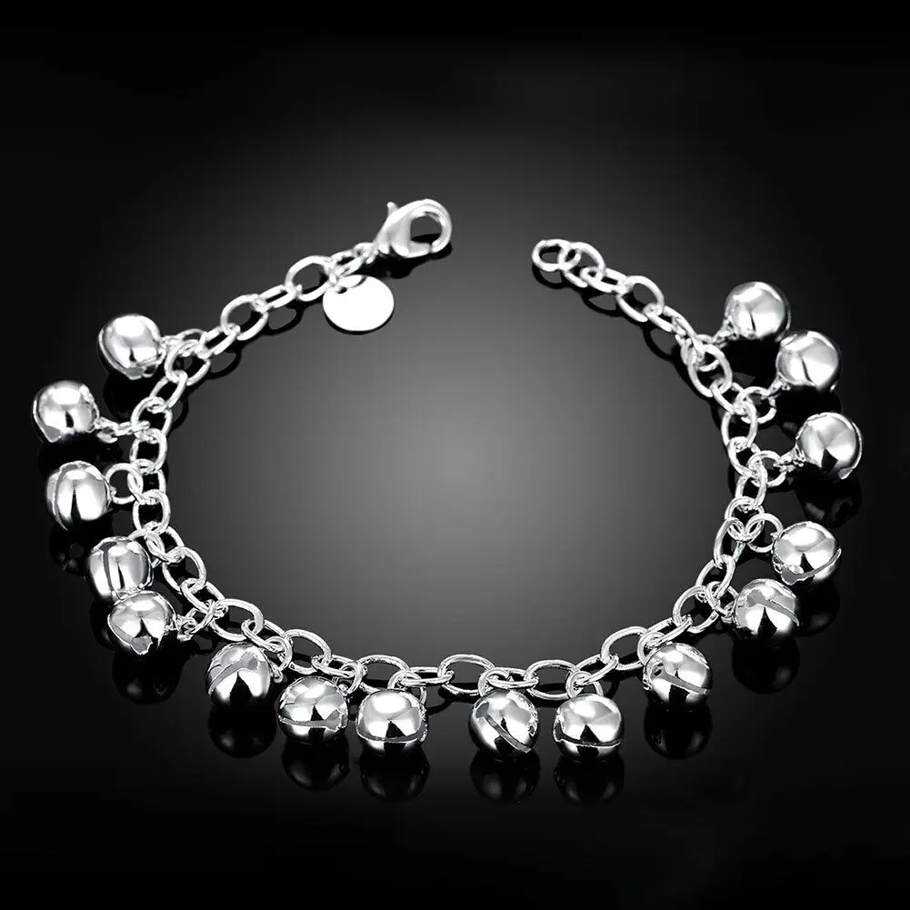 Bohemia 925 Sterling Silver Jingle Bells Beaded Charm Link Bracelet Chains