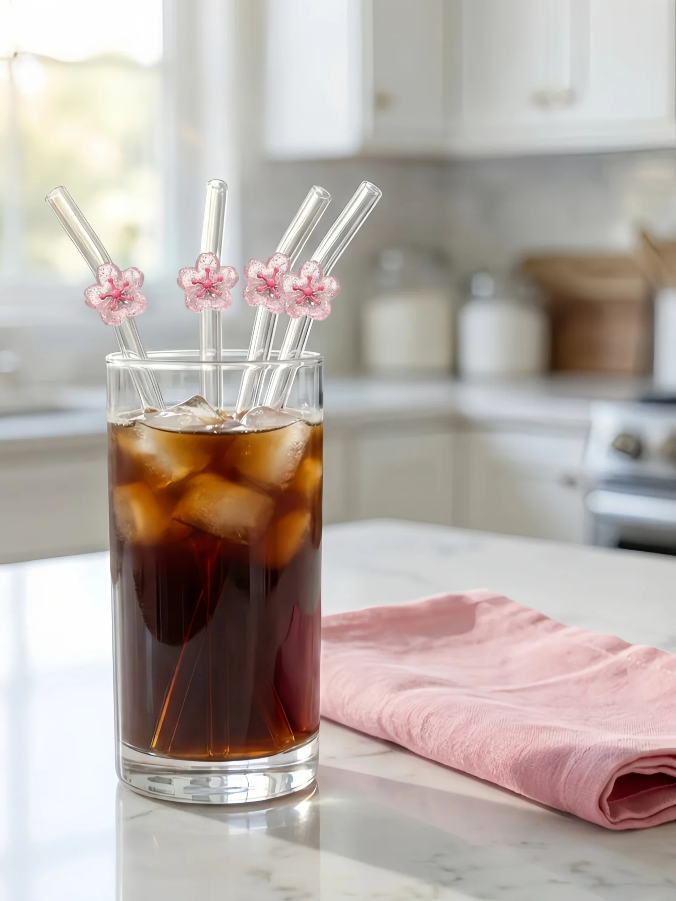 Pink Peach Blossom Curved Glass Straw，Reusable for Smoothies, Cocktails, Pool Parties, Beach. Cute Gift for Valentine’s,  BFF.