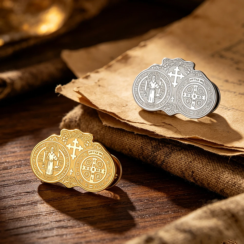 Religious Medal Brooch Saint Benedict St. Christopher Stainless Steel Catholic Holy Badge Lapel Pin Jewelry Amulet for Suit Hat