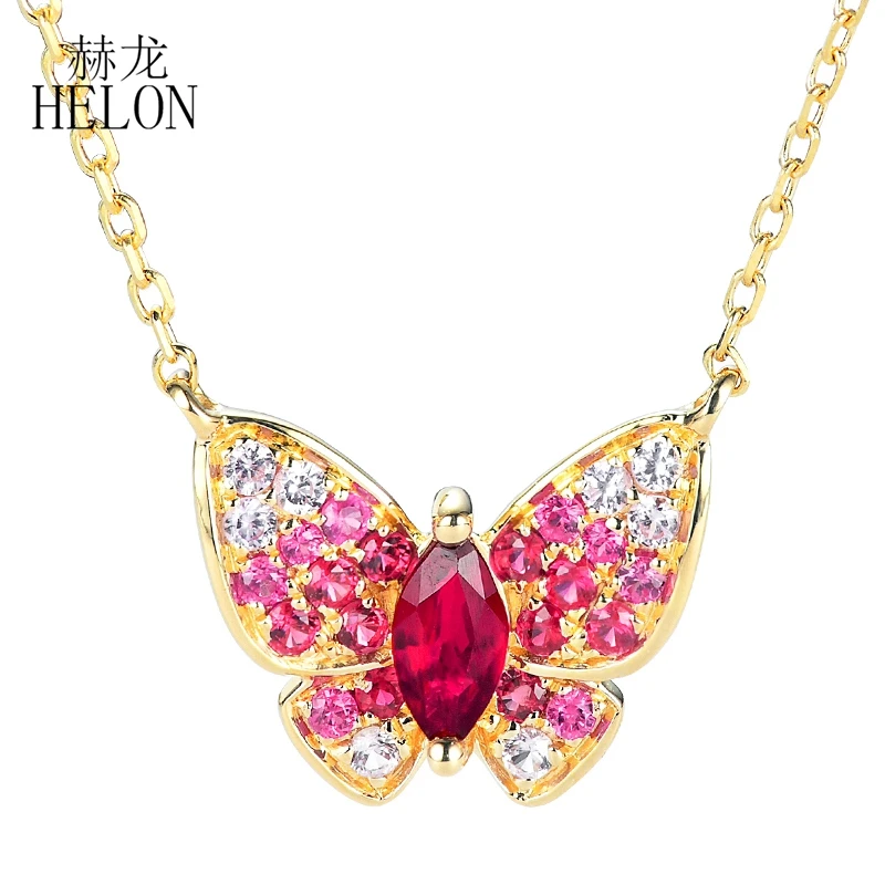 HELON Solid 18k Yellow Gold Marquise Cut Genuine Ruby & Pink Sapphire Necklace Women Butterfly Colorful Gemstone Fine Jewelry