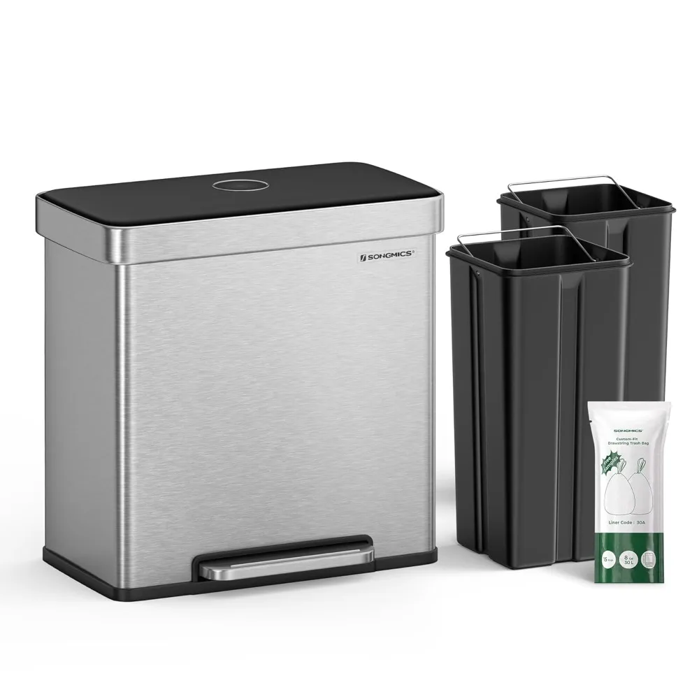

Kitchen Trash Can, 16 Gallons (2 x 8 Gallons) Dual Compartment Garbage Can, 60L Pedal Recycling Bin, Stay-Open Lid and Soft Clo