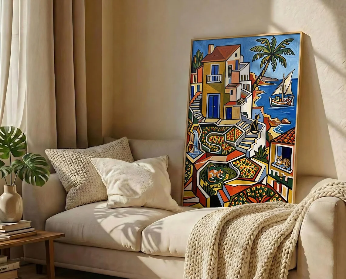 Cubist Cat Art Print – Picasso Style Mediterranean Landscape, Colorful Coastal Wall Decor, Abstract Feline Poster, Funny Cat Lov
