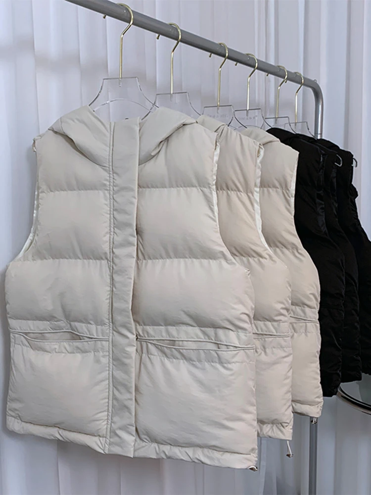 

Women's Off White Sleeveless Jacket Parkas Thicken Warm Padded Coat Vintage Turtleneck Overcoat Streetwear 2000s Clothes Winter