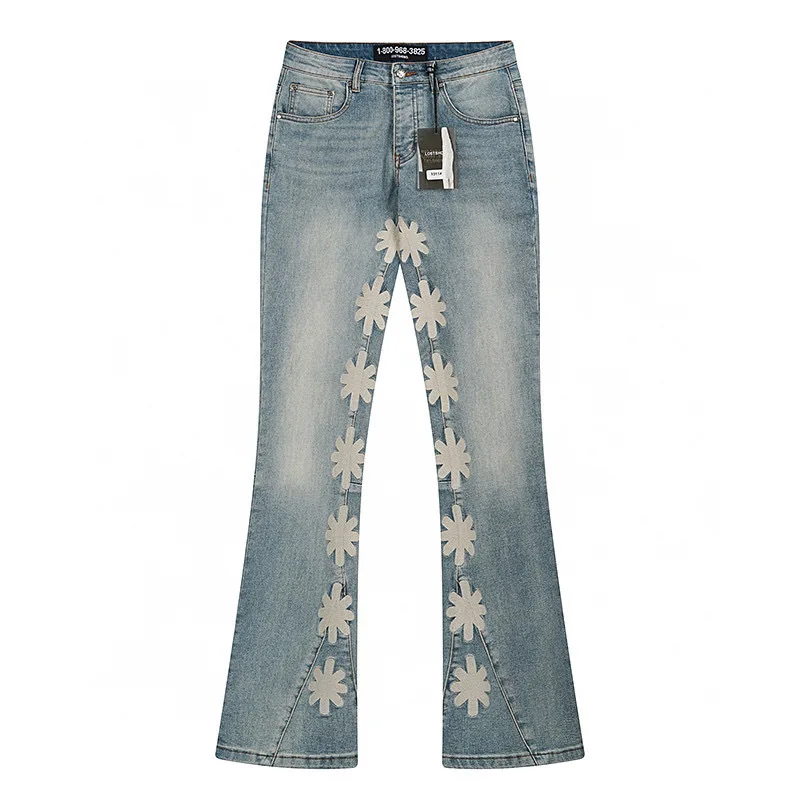 シンプルなヘビーデューティ刺繍高品質ヴィンテージウォッシュライトブルー LOSTSHDWS ジーンズハイストリートファッション男性女性