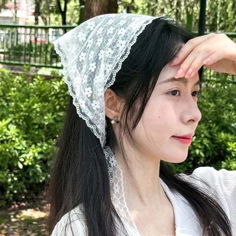White Fashion Headdress for Women Summer Sweet Lace Triangle Hair Scarf Half Skirt Butt Curtain Belt Headband Triangle Kerchief