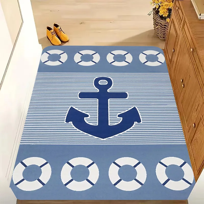 1pc Nautical Anchor And Life Preserver Pattern Flannel Door Mat, Non-Slip Easy-Clean Entrance Rug, Sponge Thickness 0.4Inch, Warm Welcome Every Guest, Durable