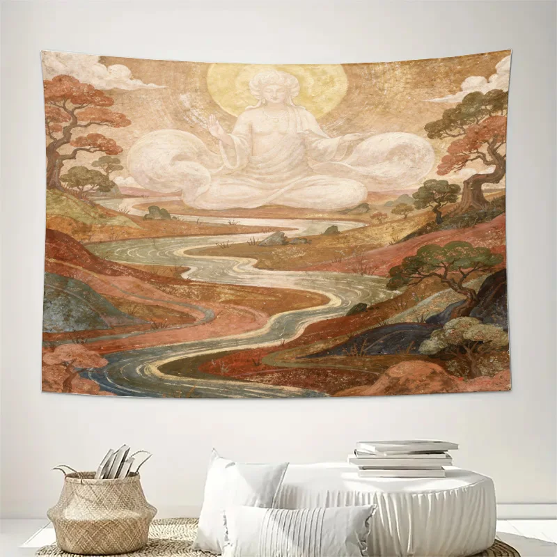 Ultra Large Zen Buddha Enlightenment Tapestry Wall Hanging Spiritual Asian Landscape Art Mural Decor for Living Room Bedroom Ori
