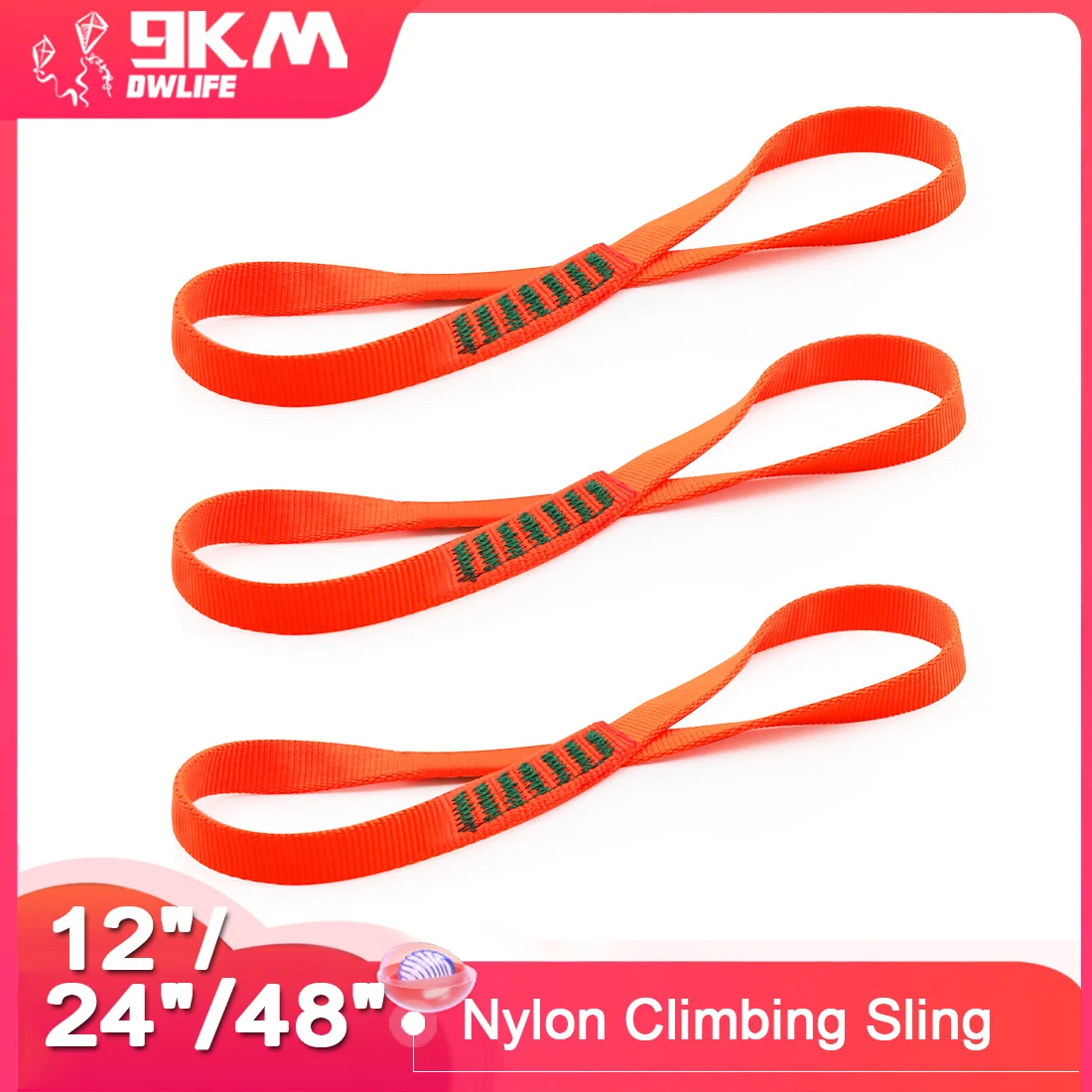 9 km orangefarbener Klettergurt – 16 mm Nylongewebe (12"/24"/48"), 22 kN Stärke für Klettern, Bergsteigen und Anker