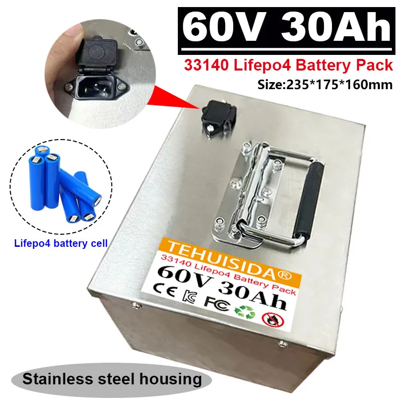 33140 Lifepo4 Rechargeable Battery 60V 30Ah Large Capacity Stainless Steel Shell High Power 250W-2000W Motor Equipment