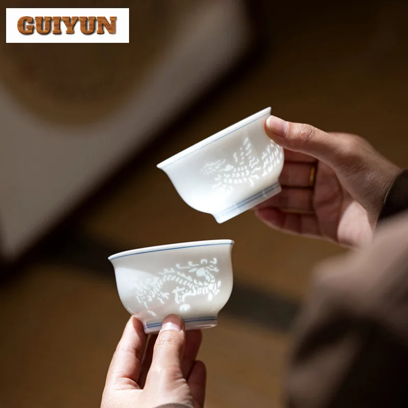 

105ml Mutton Fat Jade Dragon And Phoenix Teacup Elegant Tea Bowl Mug Tea-tasting Fragrance Cup Jianzhan Master Cups Cafes Craft