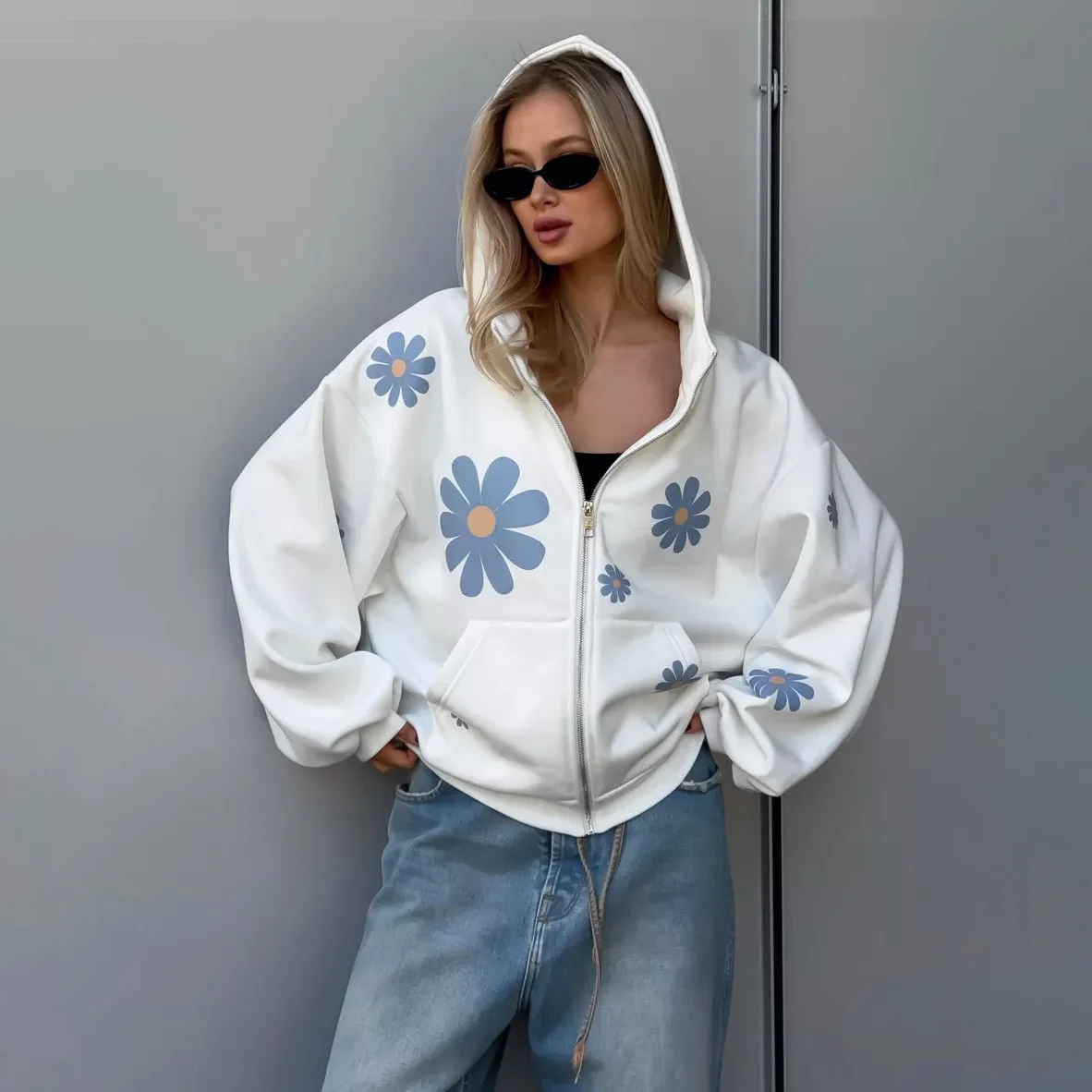 

Новый свитер с капюшоном и цветочным принтом, куртка на молнии, свободная модная универсальная повседневная осенне-зимняя толстовка в ленивом стиле для женщин