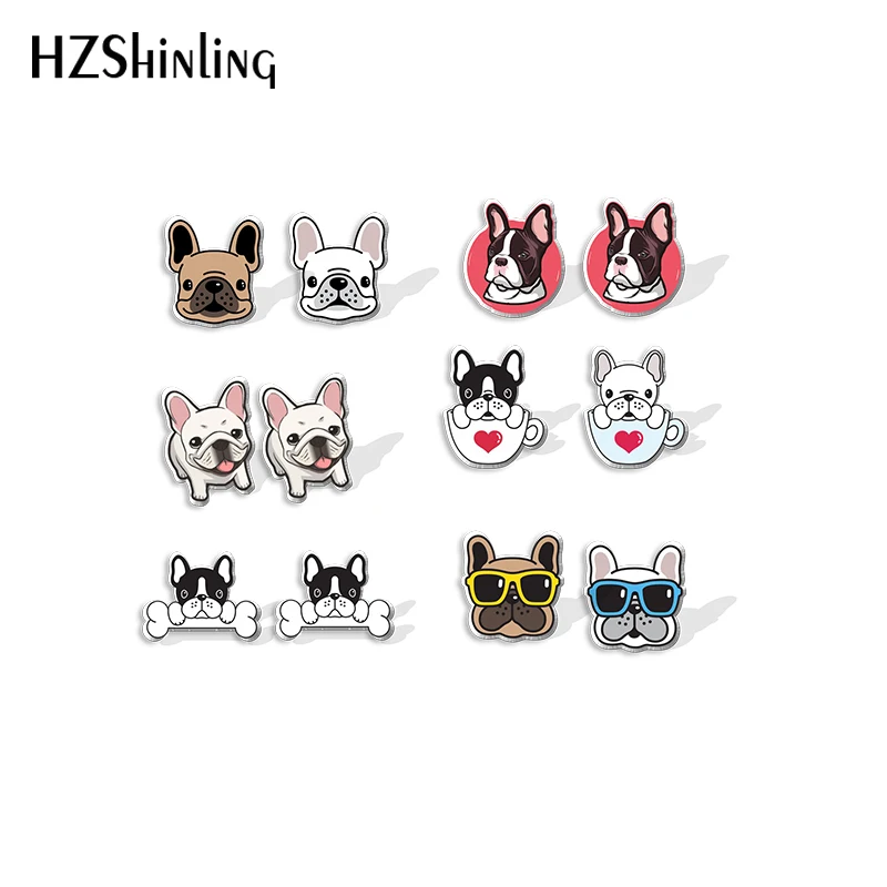 Kawaii French bulldog House Pet Animal Cartoon Animal Pattern Acrylic Stud Earrings Resin Epoxy Ear Jewelry for Girls