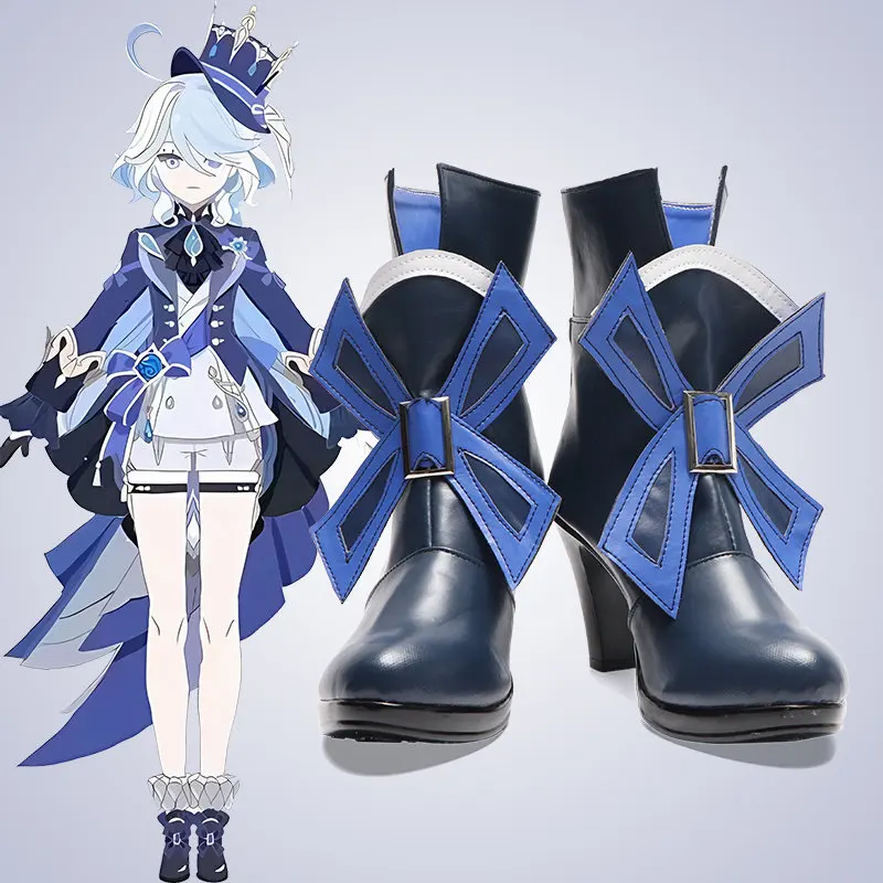 Anime Genshin Impact Furina de Fontaine Cosplay Shoes Deep Blue High Heels Short PU Leather Boots For Halloween Carnival