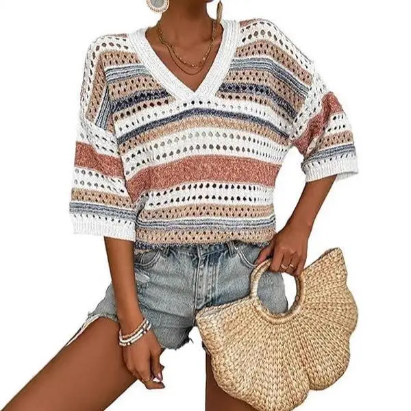 

Hollow Loose Stripe V-neck Pull Over Sweater Top 005