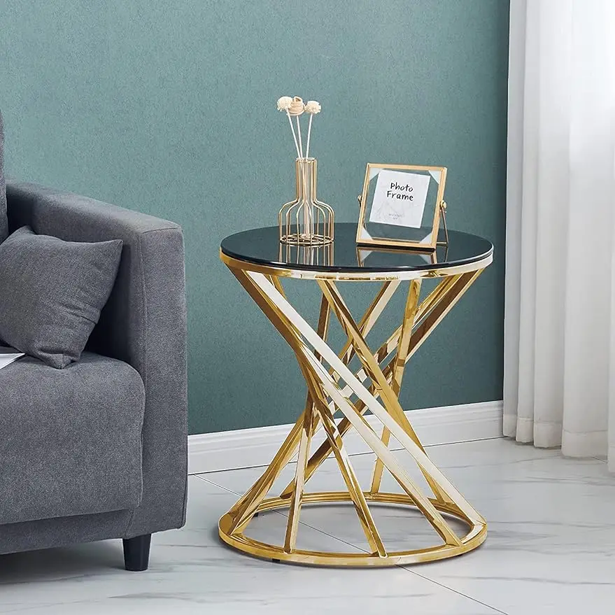 1pc Round Glass Top Side Table- Black Grey Tempered Glass & Gold Stainless Steel Frame, Modern Spiral Center Small End Table