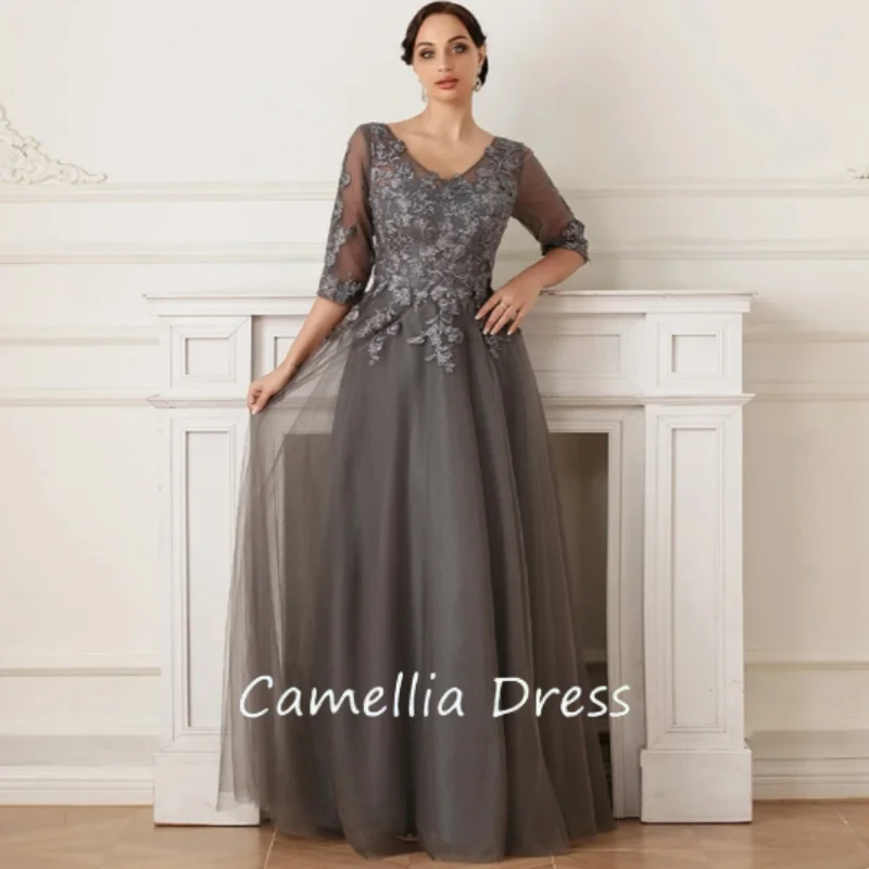 

Bride Dress with Half Sleeves Wedding Party Dress Long A Line Grey Mother of the Robe Pour Ceremonie De Mariage