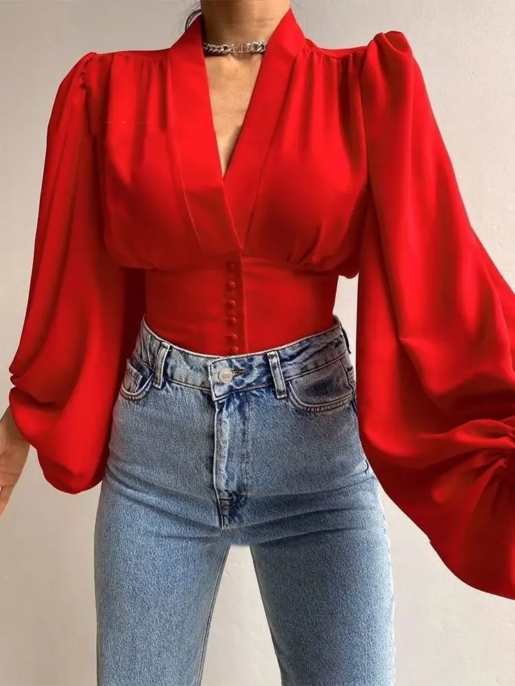 2024 Spring Satin Women\'s Blouse Red Long Lantern Sleeve Button V-neck Elegant Female Shirt Spring Fashion Vintage Ladies Top