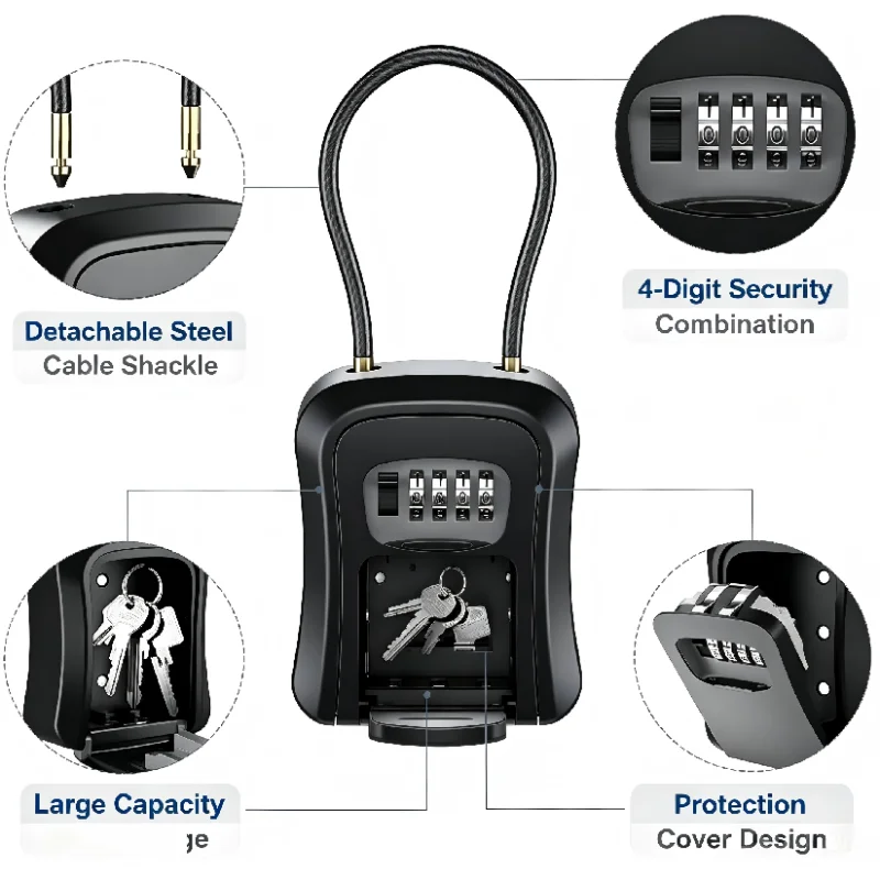 4 Digit Combination Key Lock Box, Key Safe Box Waterproof Key Storage Lock Box with Removable Chain  Security Anti-theft
