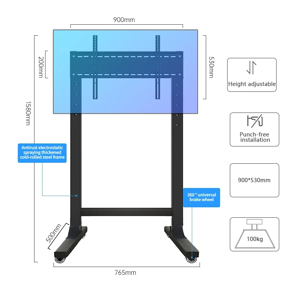 Móvel TV Stand Conferência e Educação Máquina Integrada, Piso Montado Carrinho de rodas, Capacidade de carga de 100kg, 50-75 Polegada