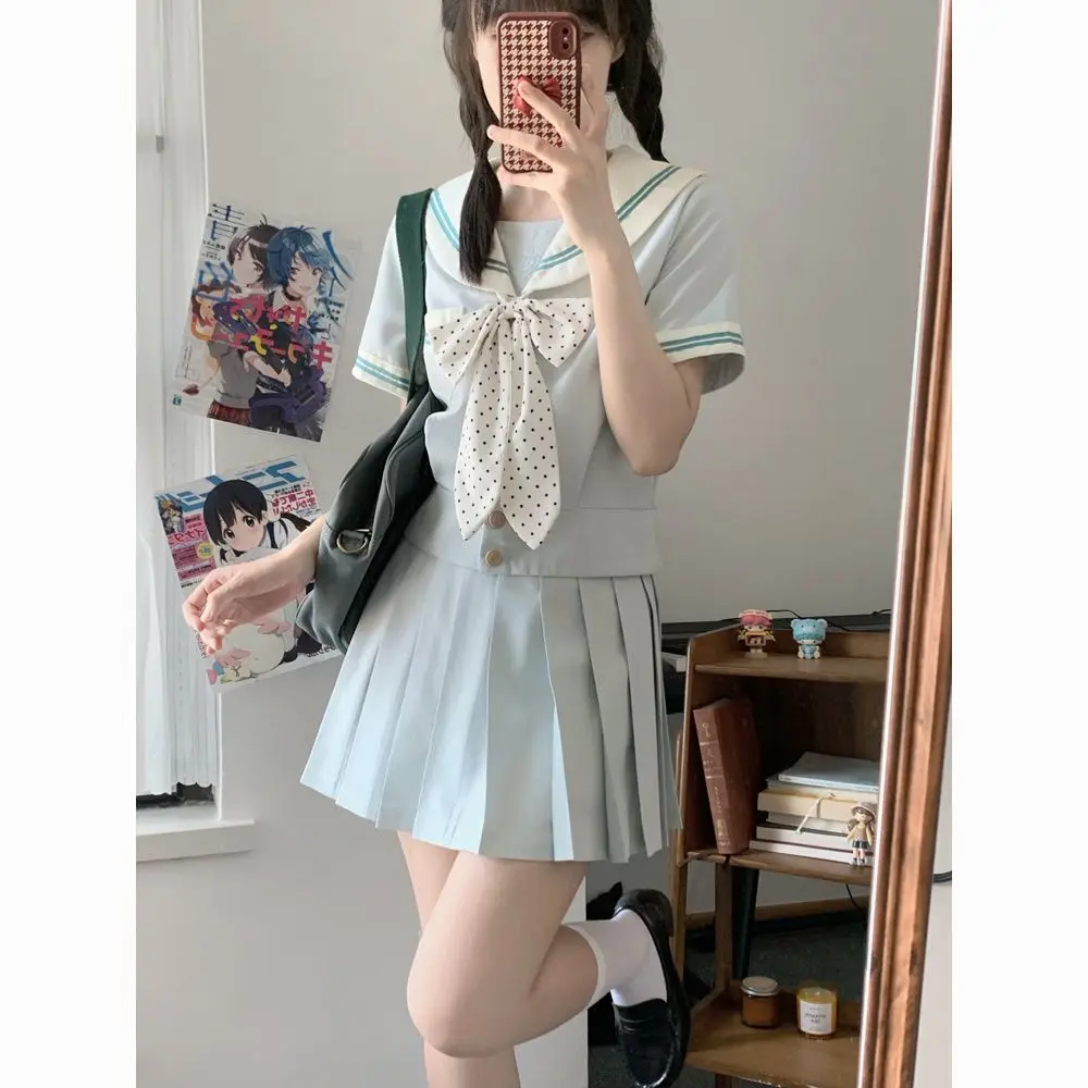 Japan JK Skirts Set Doll Collar Dot Bow Short Sleeve Top High Waist A-line Pleated Skirt Two-Piece Set for Women Preppy Style