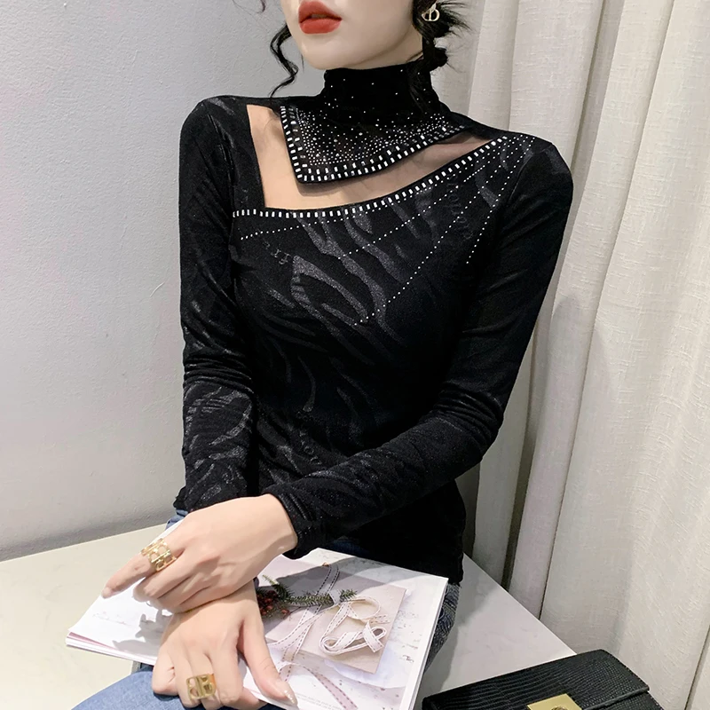 Autumn Winter New Mesh T shirt Fashion V-Neck Diamond Shirt Slim Fit Half High Collar Long Sleeve Women Tops