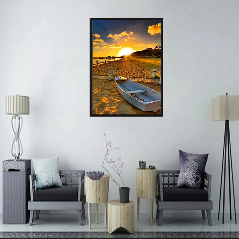 AT35 Diamond Painting Kits For Adults, 5D Seaside Sunset Full Drill Round Rhinestone Diamond Art Perfect For Home Wall Deco