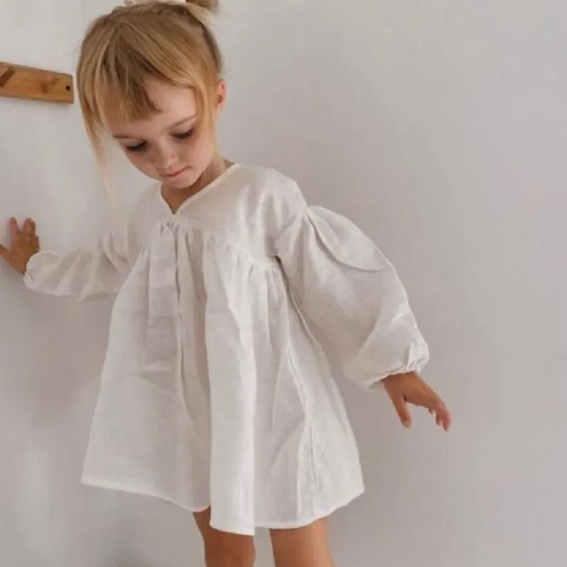 Baby Girl Princess Linen Cotton Dress Romper Long Sleeve Infant Toddler Girl Homesuit Casual White Baby Clothes 0-6 Years