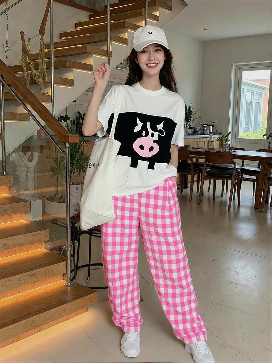 سروال نسائي فضفاض أزرق وردي منقوش على طراز الهيب هوب على طراز الشارع موضة حضرية مادة ناعمة مريحة ملابس يومية رائعة #1