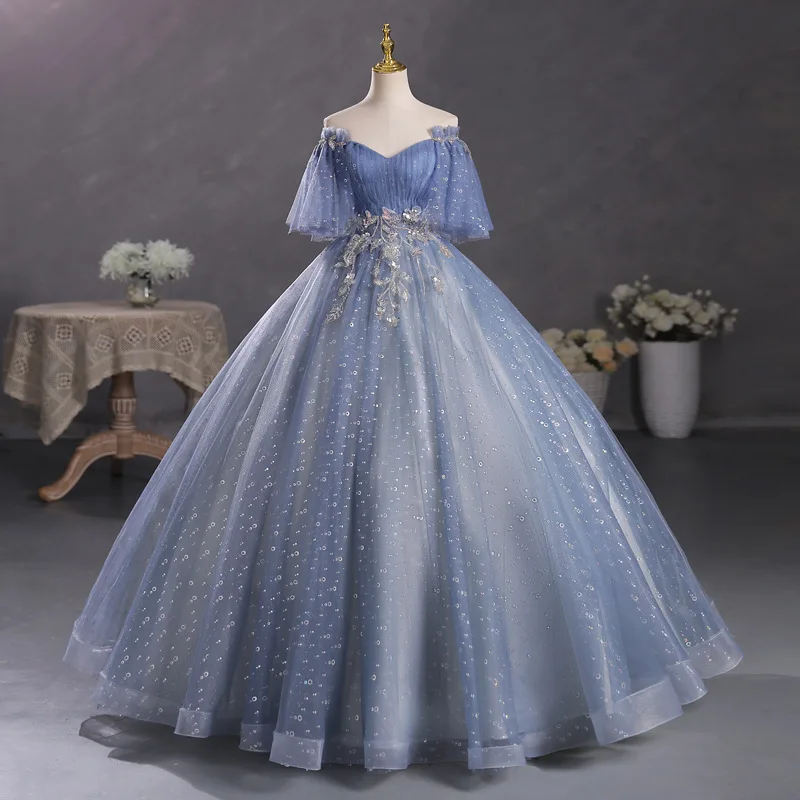 

New Gray Blue Elegant Temperament, Beautiful Voice Solo Performance Costume, Fluffy Skirt, Annual Party Hosting Evening Gown