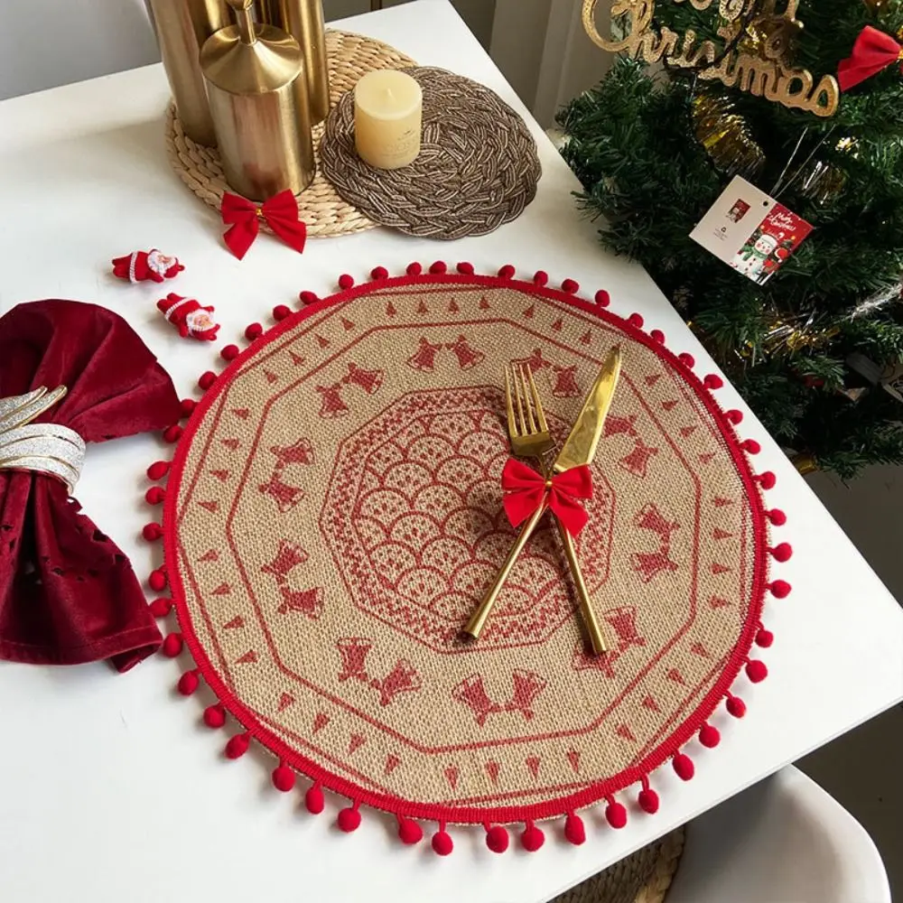 Santa Snowflakes Jute Christmas Placemat Round Retro Tableware Mat Vintage Heat Insulation Coaster Dinner