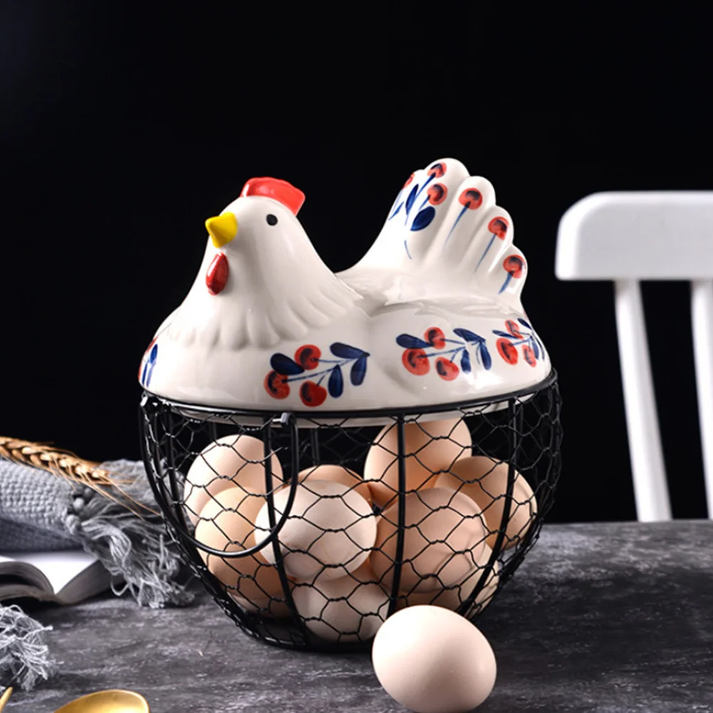 

1Pcs Chicken Shape Storage Basket Egg Container Ceramic Iron Holder for Fruits Vegetables Snacks Kitchen Use