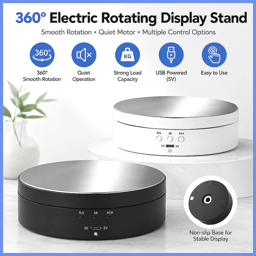 3 Speeds Rotating Turntable 360° Electric Swivel Base Jewelry Display Stand USB & 18650 Battery Powered Rotating Tray for Sho