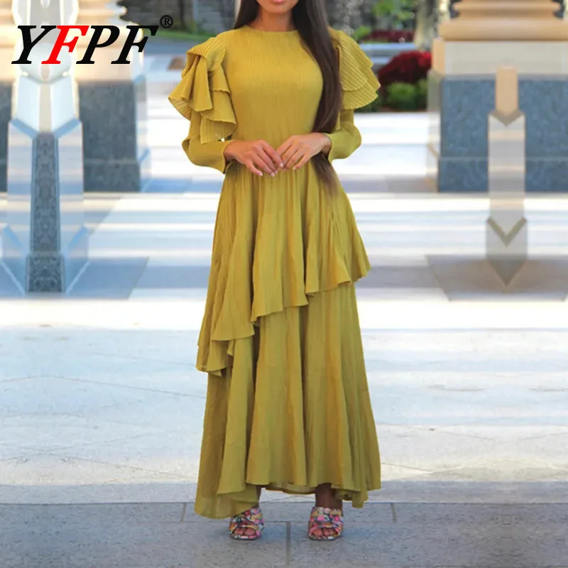 

YFPF Women Miyake Pleated Design Elegant Party Dress Fashion Solid Color Ruffles Patchwork A-line Dresses 2025 Spring New 3A100