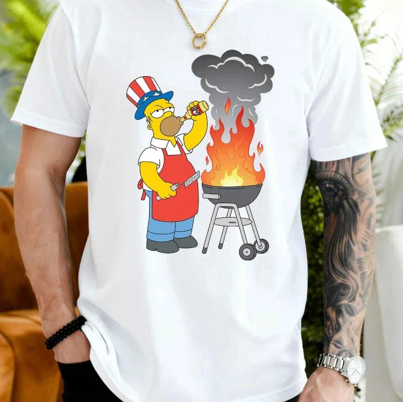 2026 Men's Casual Loose Fit Plus Short Sleeved T-shirt. Simpson Family Homer Barbecue Printed Pattern